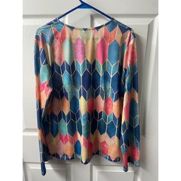 Exclusive Geometric Top Womens XL Multi Colored V Neck Long Sleeved Pullover NWT - Picture 2 of 7
